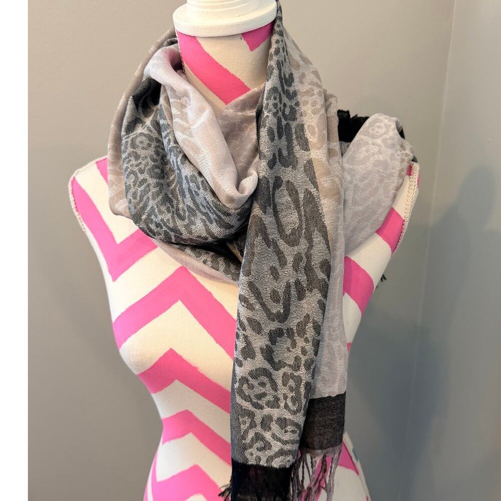 Leopard Print Pashmina Scarf Wrap Shawl Fringe Accent Gray Cream Beige Neutral
